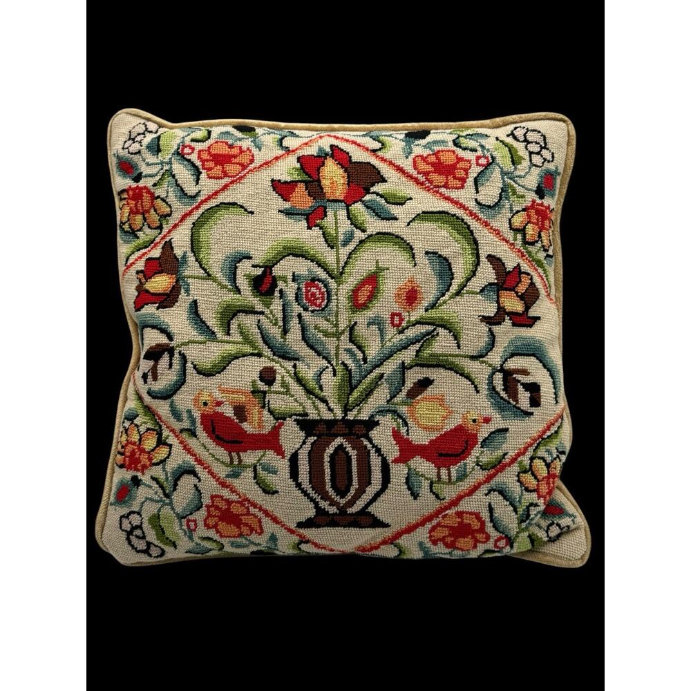 Vintage Floral Needlepoint Pillow 15" x 15" Birds Flowers Multicolor Red READ